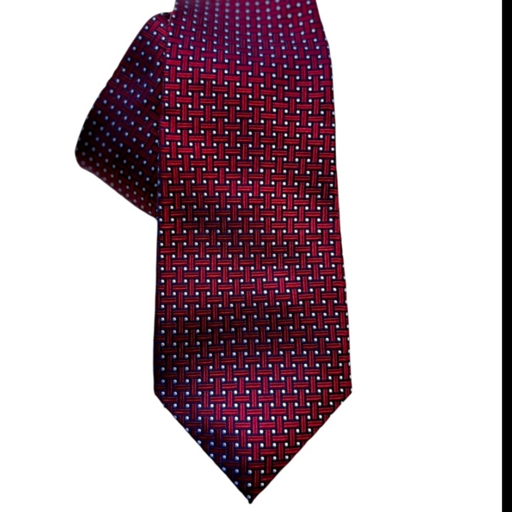 Tasso Elba Red, Navy Blue amd Whie Geometric Print Silk Necktie - Picture 8 of 9